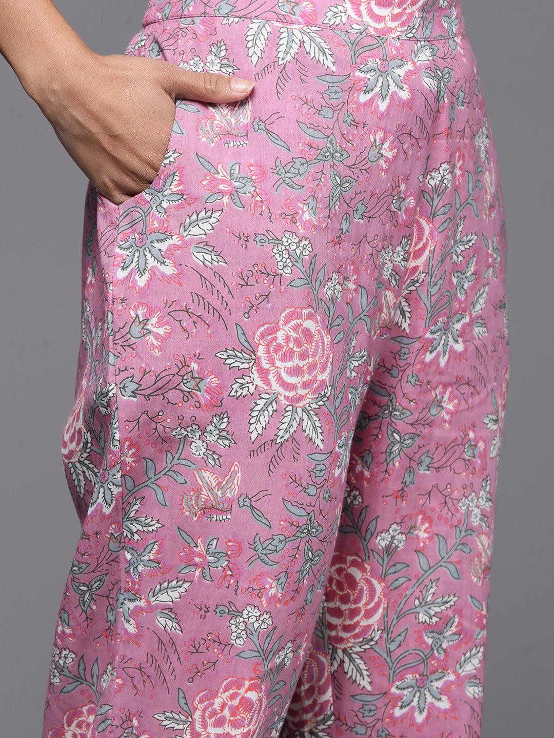 Pink Printed Cotton Straight Kurta With Trousers - Libas