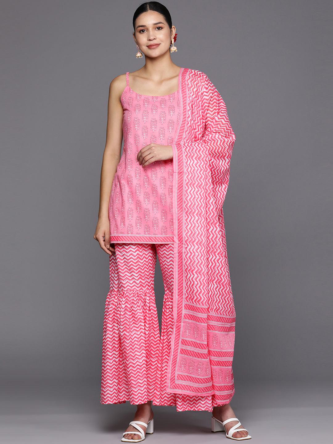 Pink Printed Cotton Straight Sharara Suit Set With Dupatta