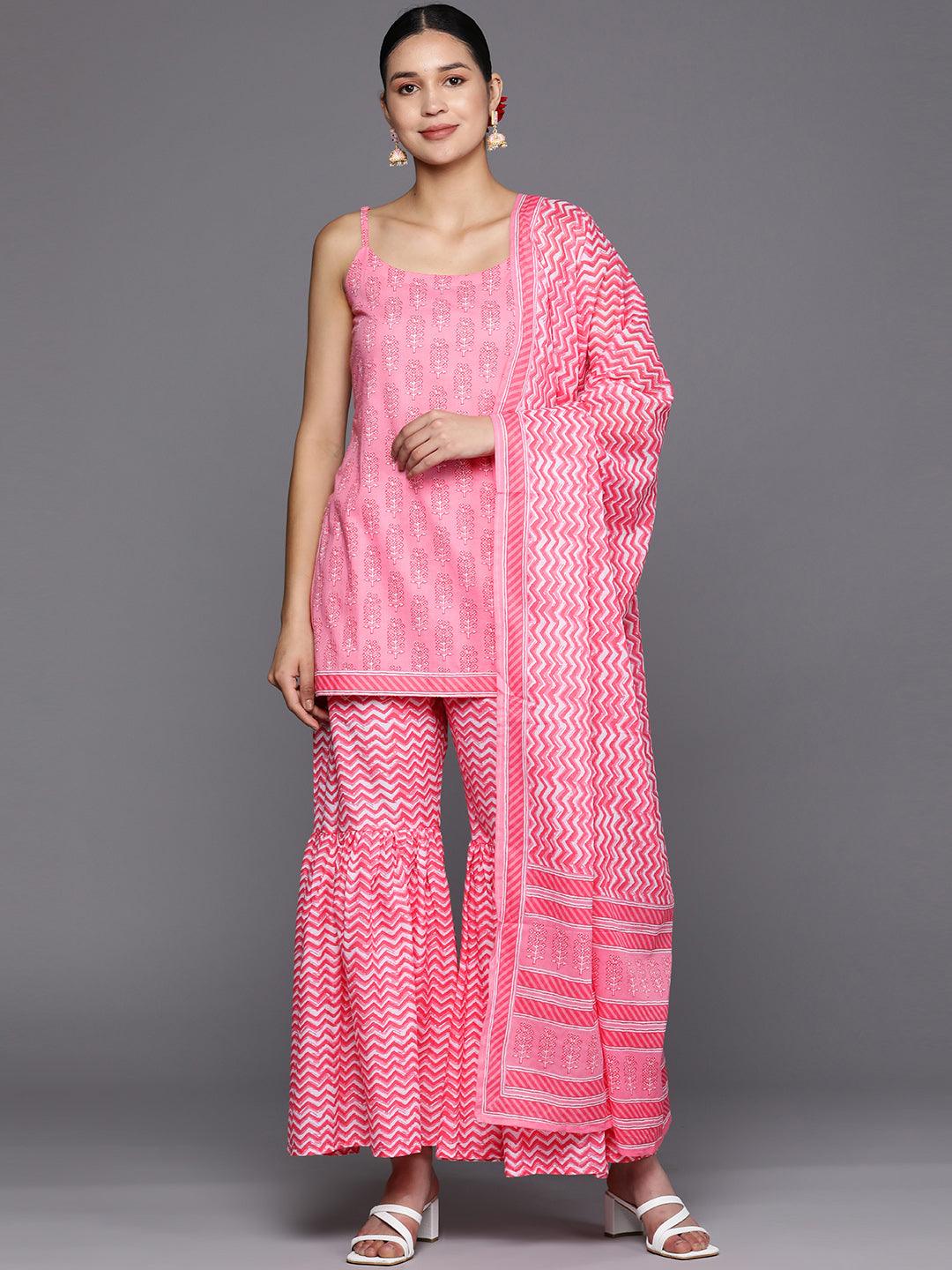 Pink Printed Cotton Straight Suit Set With Sharara - Libas 