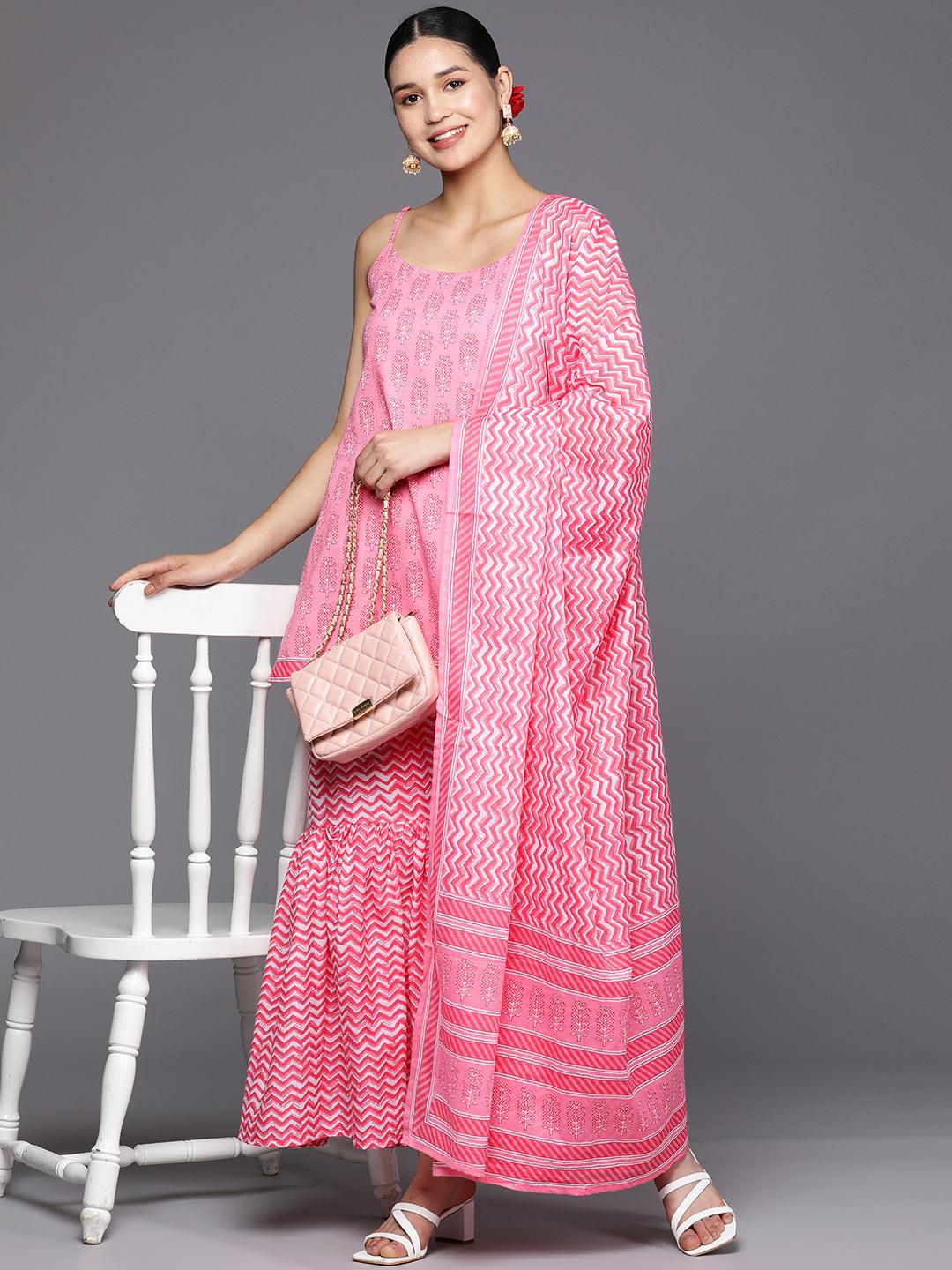 Pink Printed Cotton Straight Suit Set With Sharara - Libas 