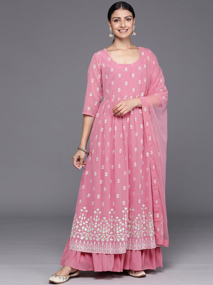 Pink Printed Georgette A-Line Kurta With Palazzos & Dupatta - Libas