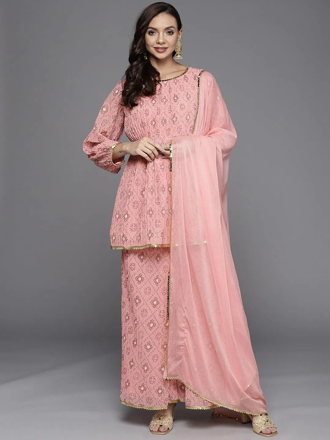 Pink Printed Georgette A-Line Suit Set - Libas