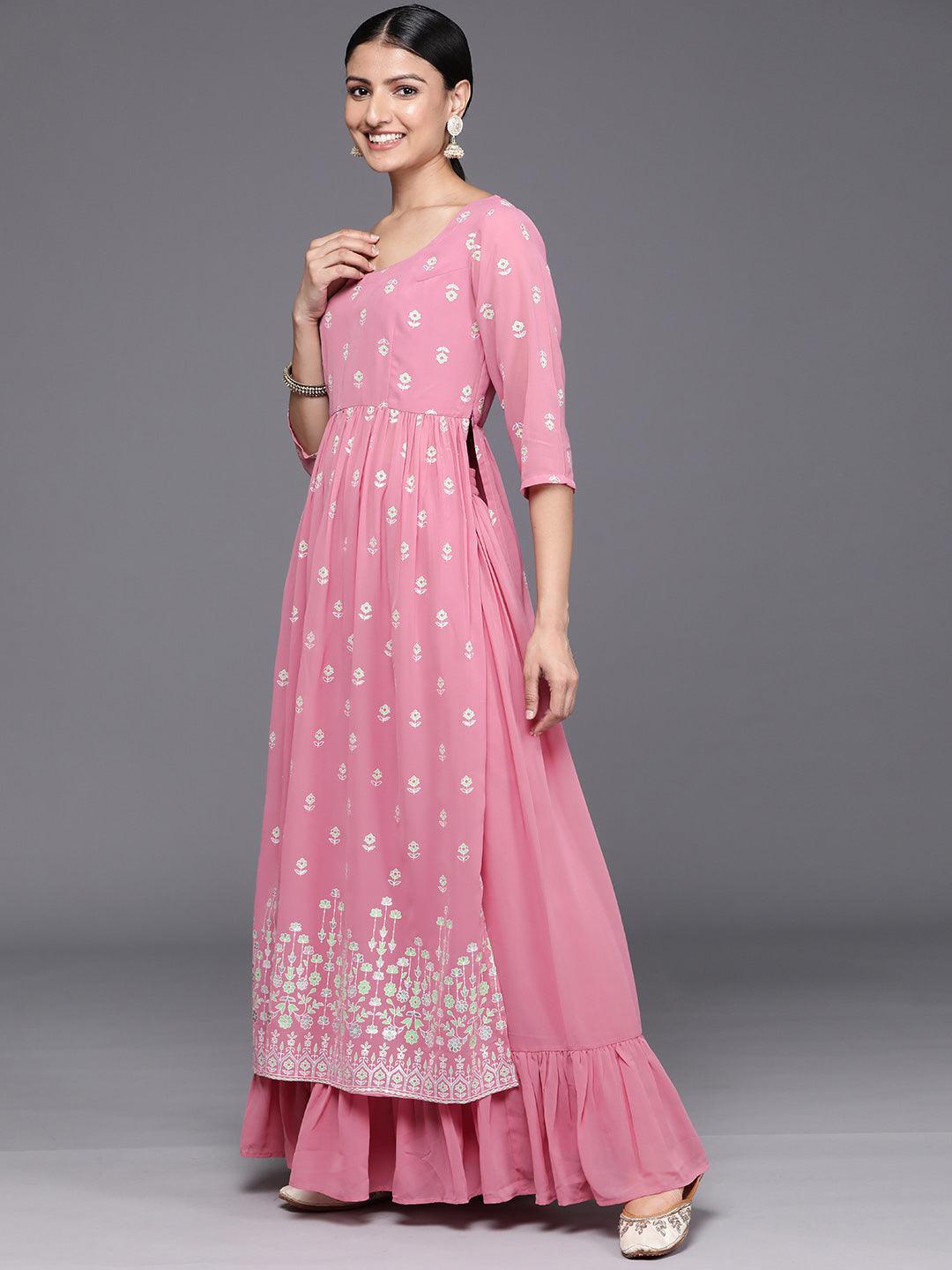 Pink Printed Georgette A-Line Kurta With Palazzos & Dupatta - Libas