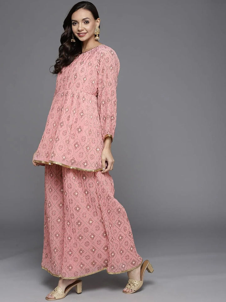 Pink Printed Georgette A-Line Suit Set - Libas