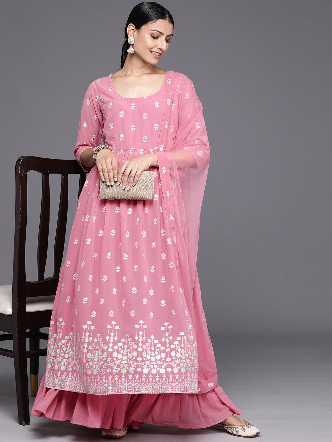 Pink Printed Georgette A-Line Kurta With Palazzos & Dupatta - Libas 