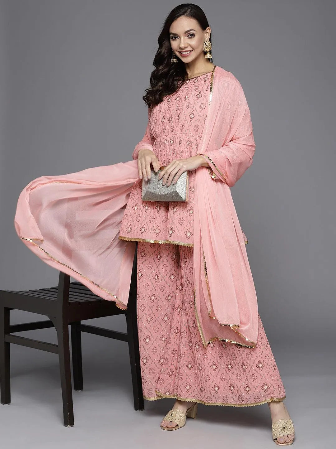 Pink Printed Georgette A-Line Suit Set - Libas