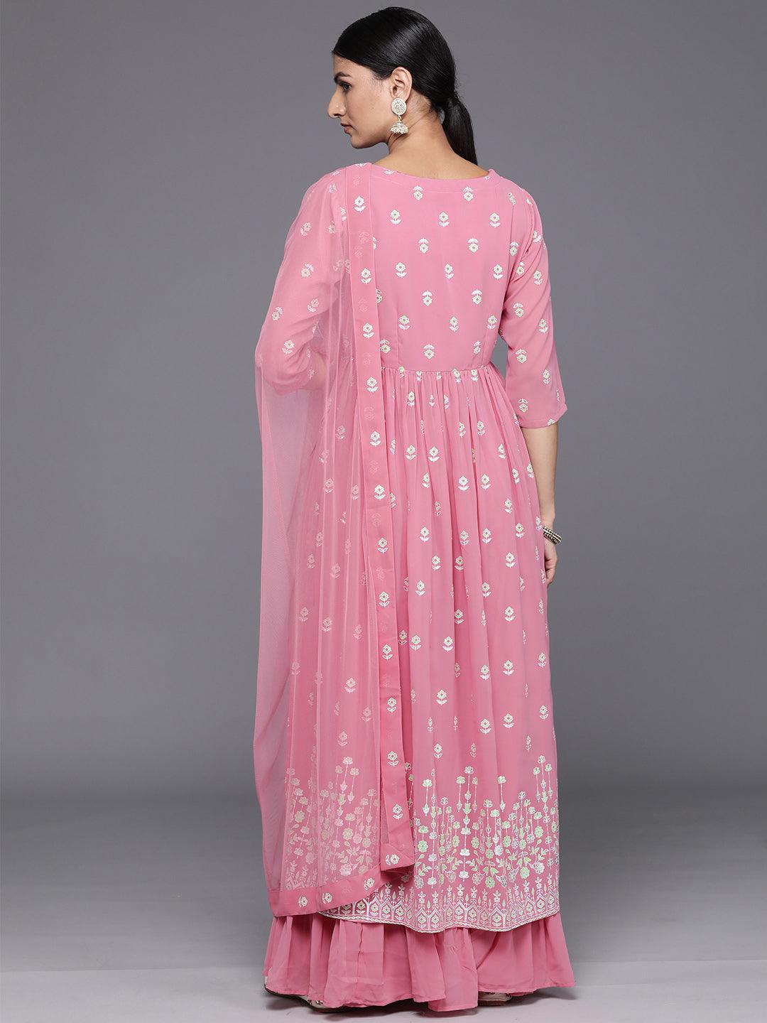 Pink Printed Georgette A-Line Kurta With Palazzos & Dupatta - Libas 