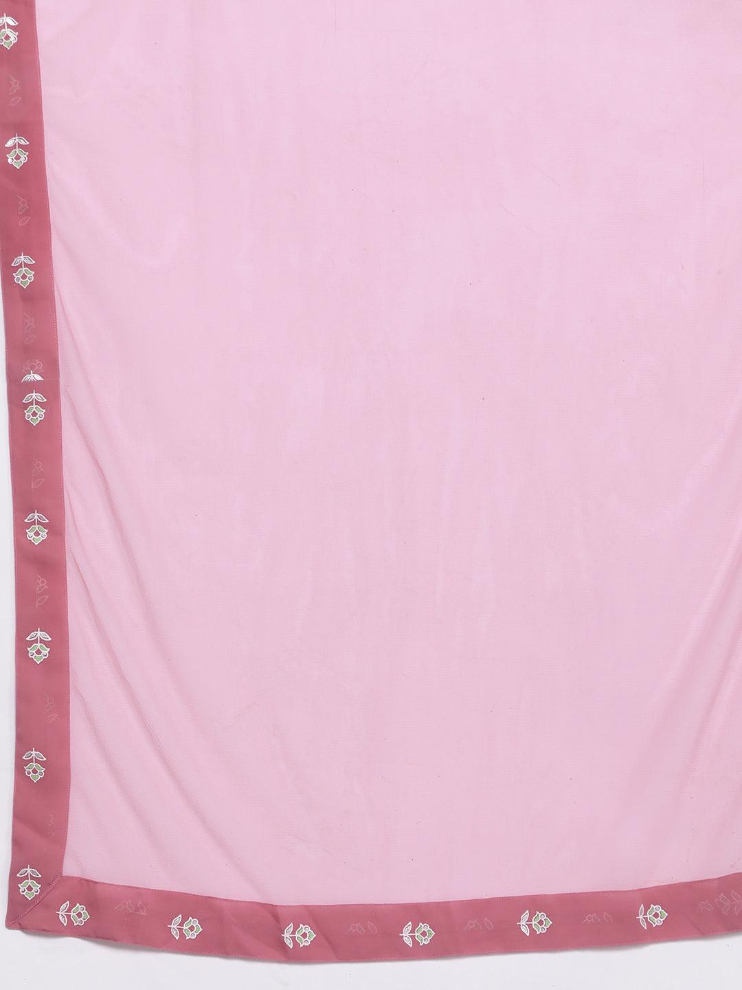 Pink Printed Georgette A-Line Kurta With Palazzos & Dupatta - Libas 