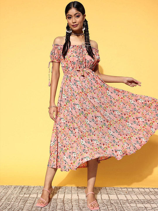 pink printed georgette fit and flare dress libas 1