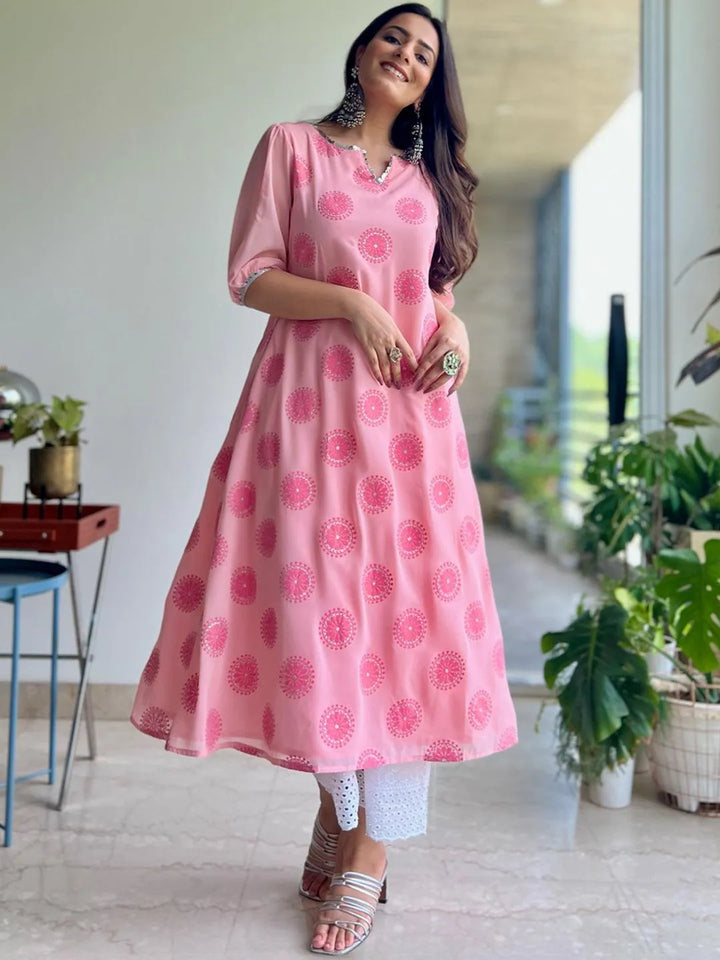 Pink Printed Georgette Kurta - Libas