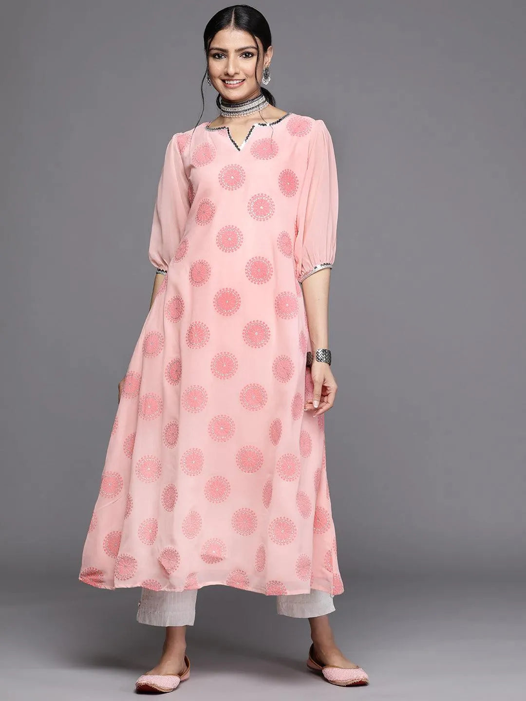 Pink Printed Georgette Kurta - Libas