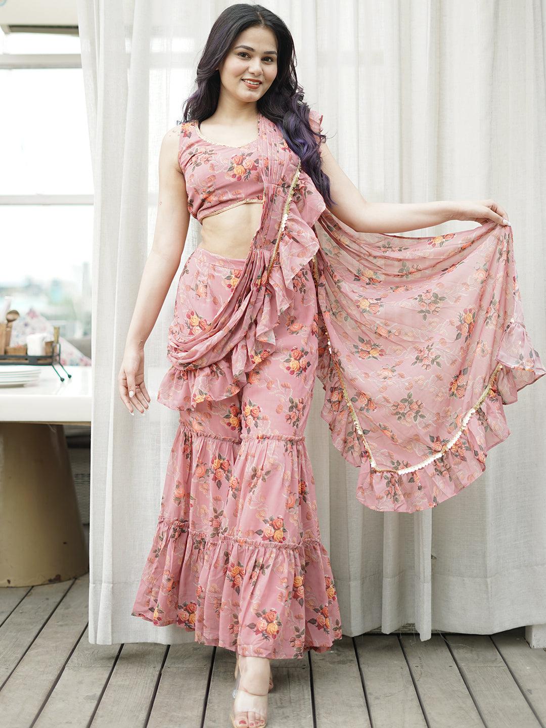 Pink Printed Georgette Palazzo Saree - Libas