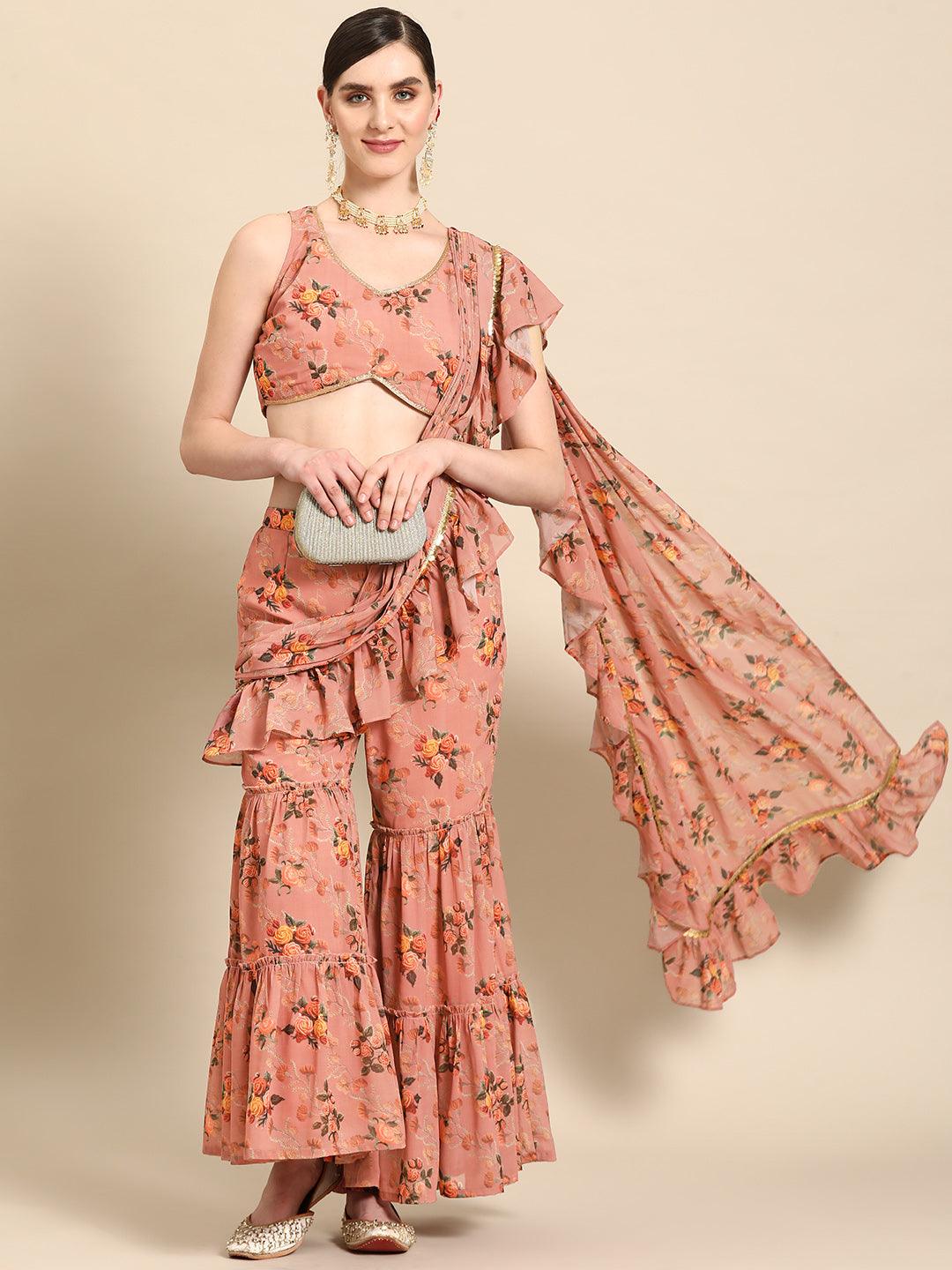 Pink Printed Georgette Palazzo Saree - Libas 