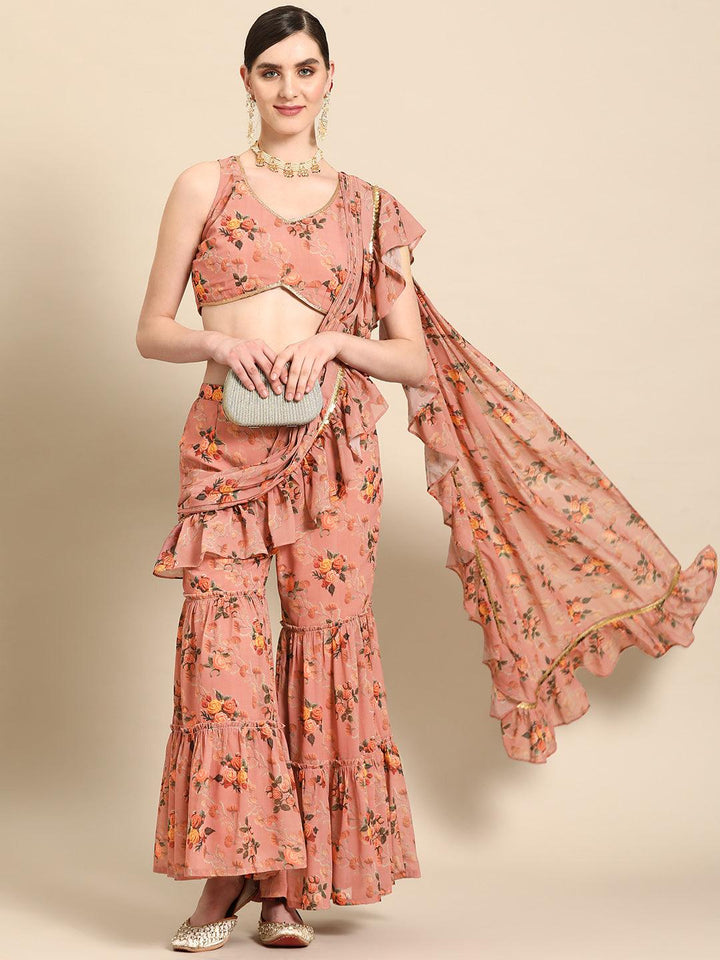 Pink Printed Georgette Palazzo Saree - Libas