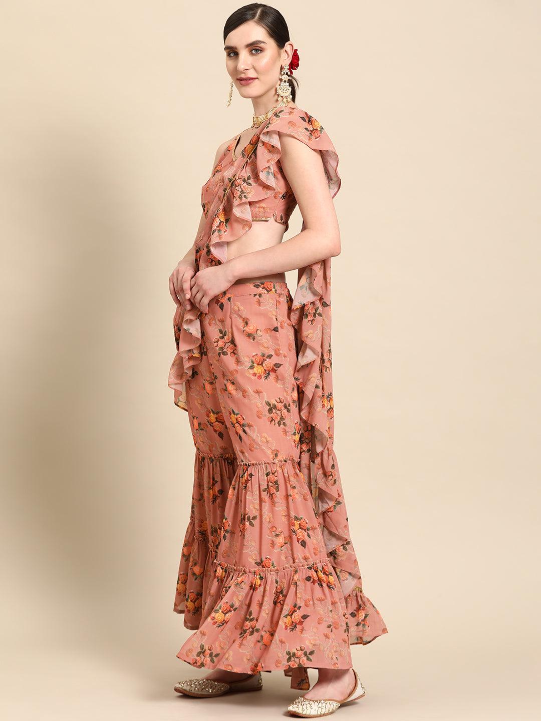 Pink Printed Georgette Palazzo Saree - Libas 