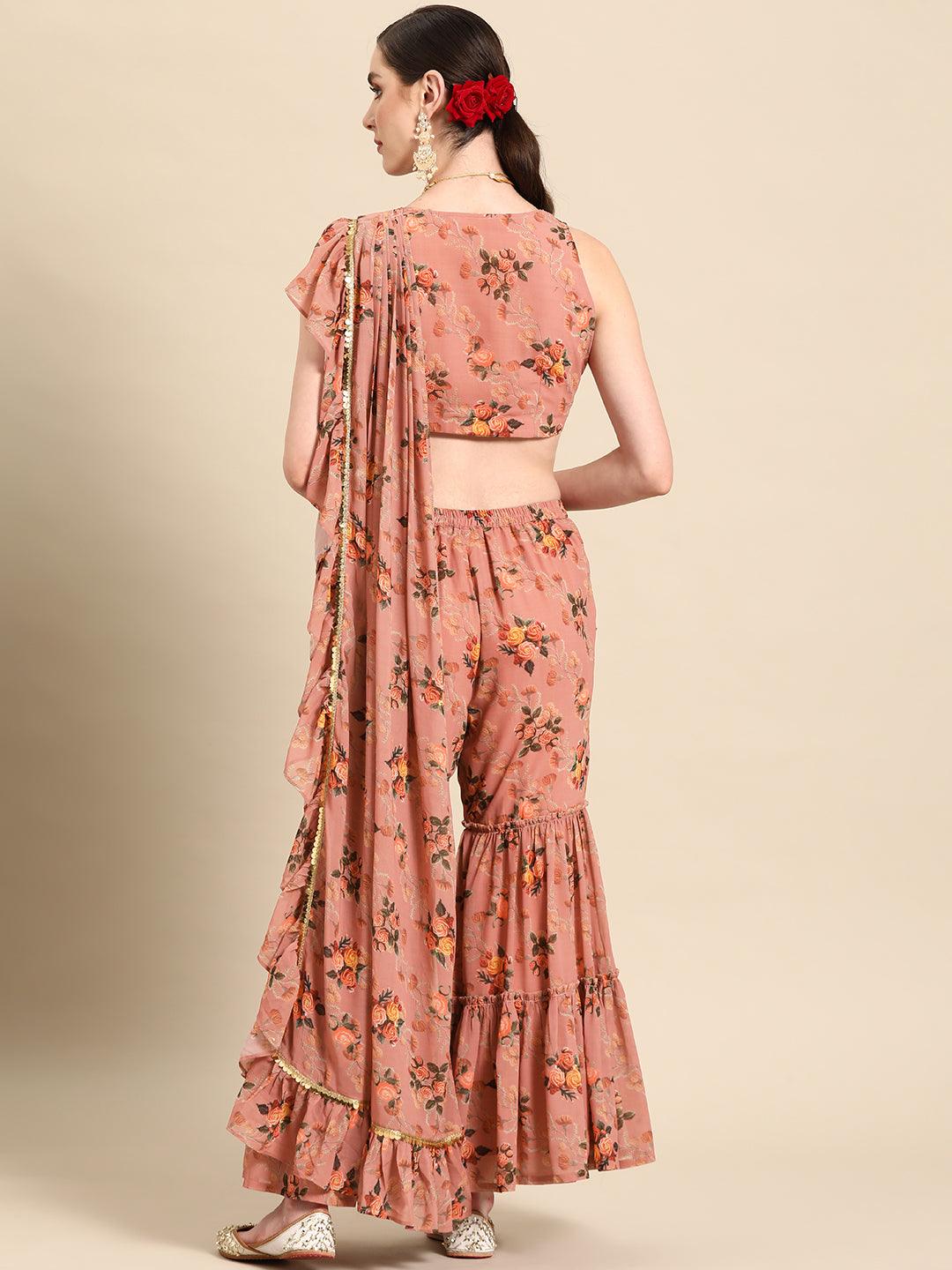 Pink Printed Georgette Palazzo Saree - Libas 