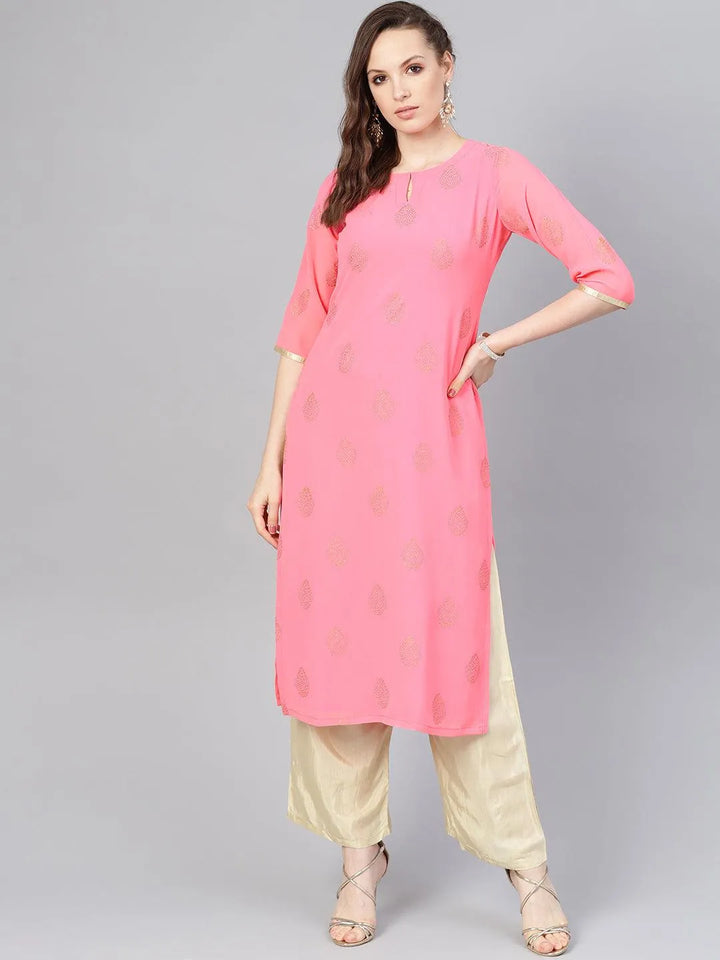 Pink Printed Georgette Kurta Set - Libas