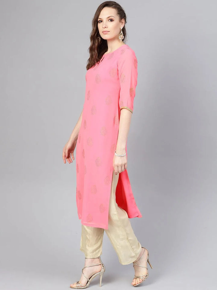 Pink Printed Georgette Kurta Set - Libas