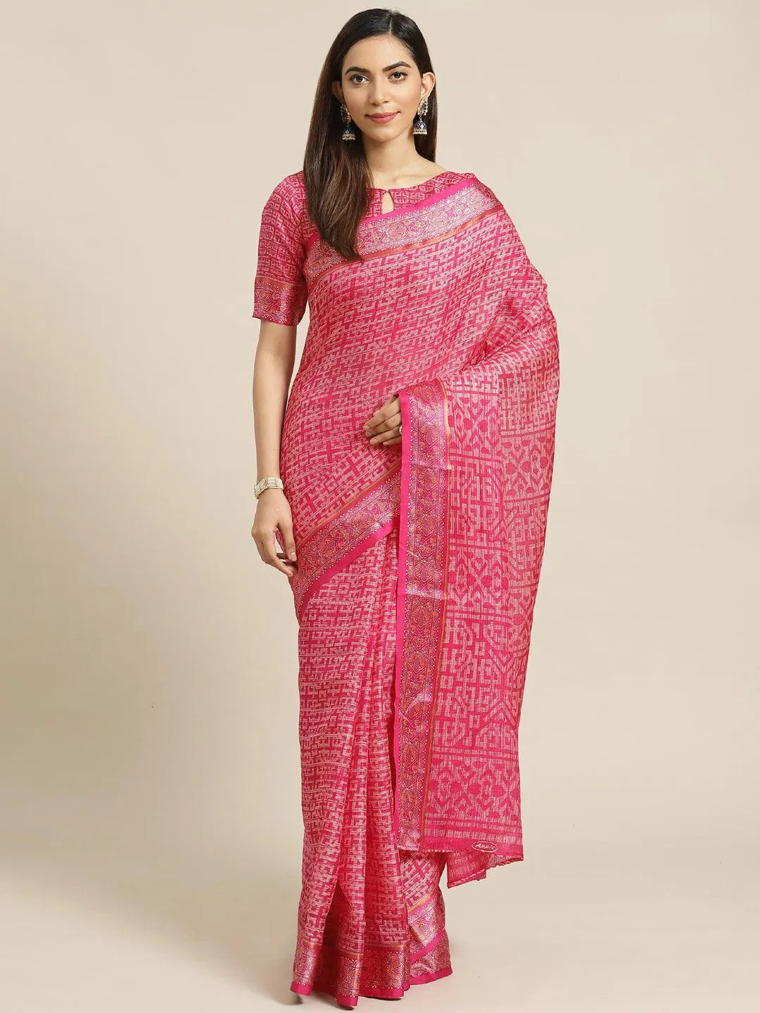 Pink Printed Linen Saree - Libas