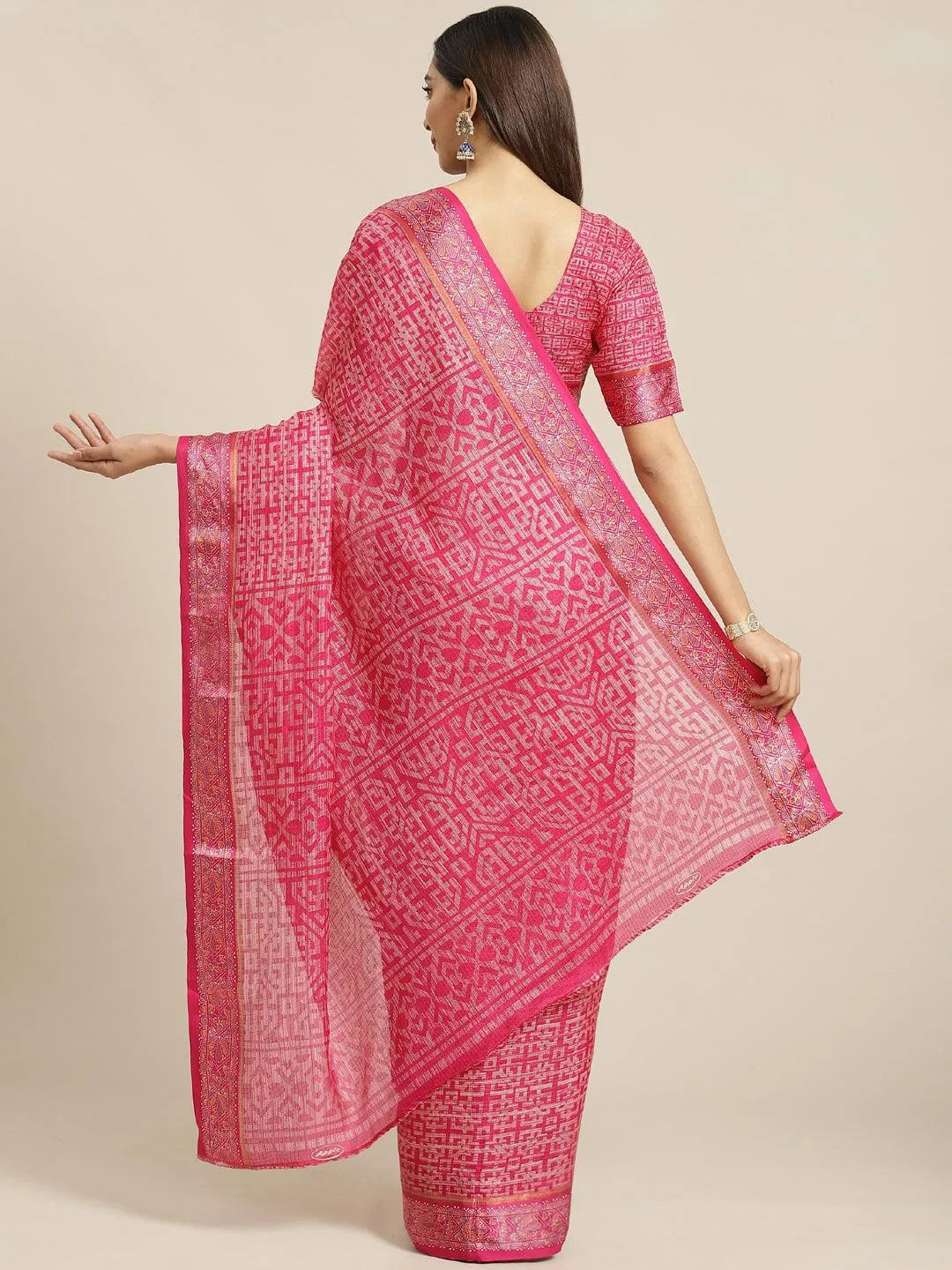 Pink Printed Linen Saree - Libas