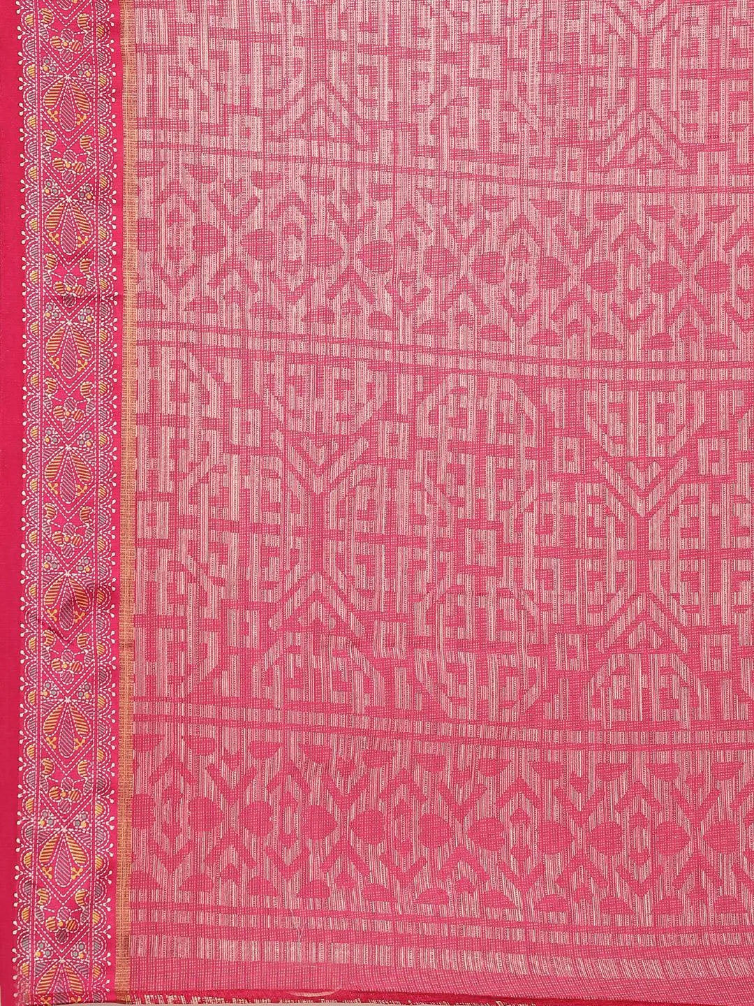 Pink Printed Linen Saree - Libas 