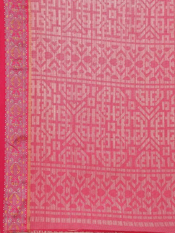 Pink Printed Linen Saree - Libas