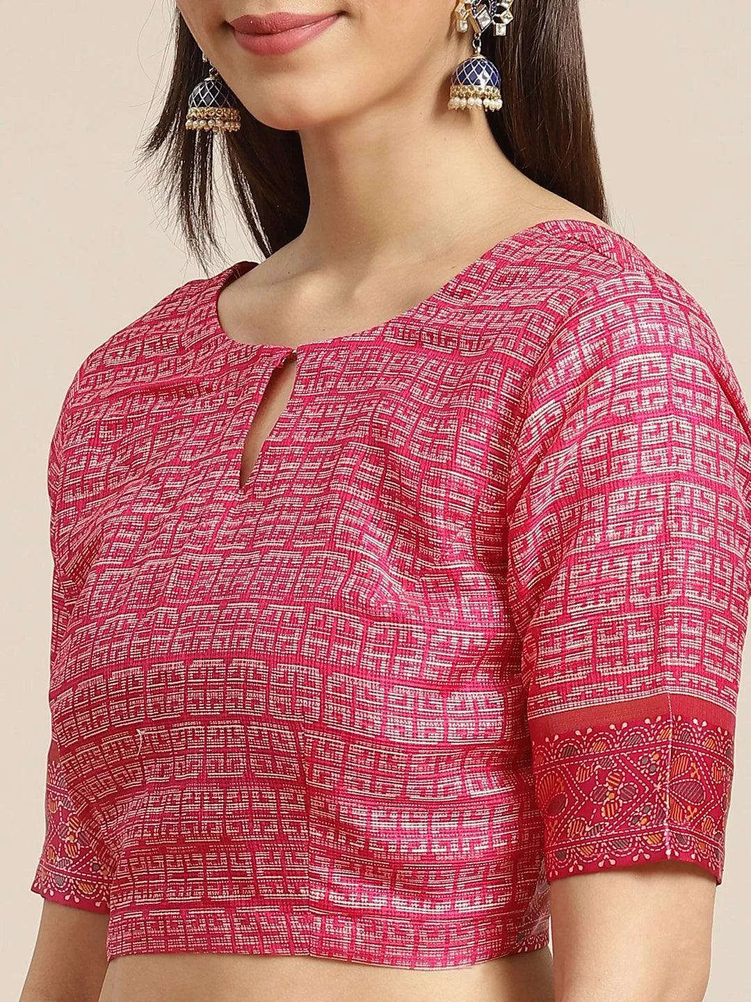 Pink Printed Linen Saree - Libas 