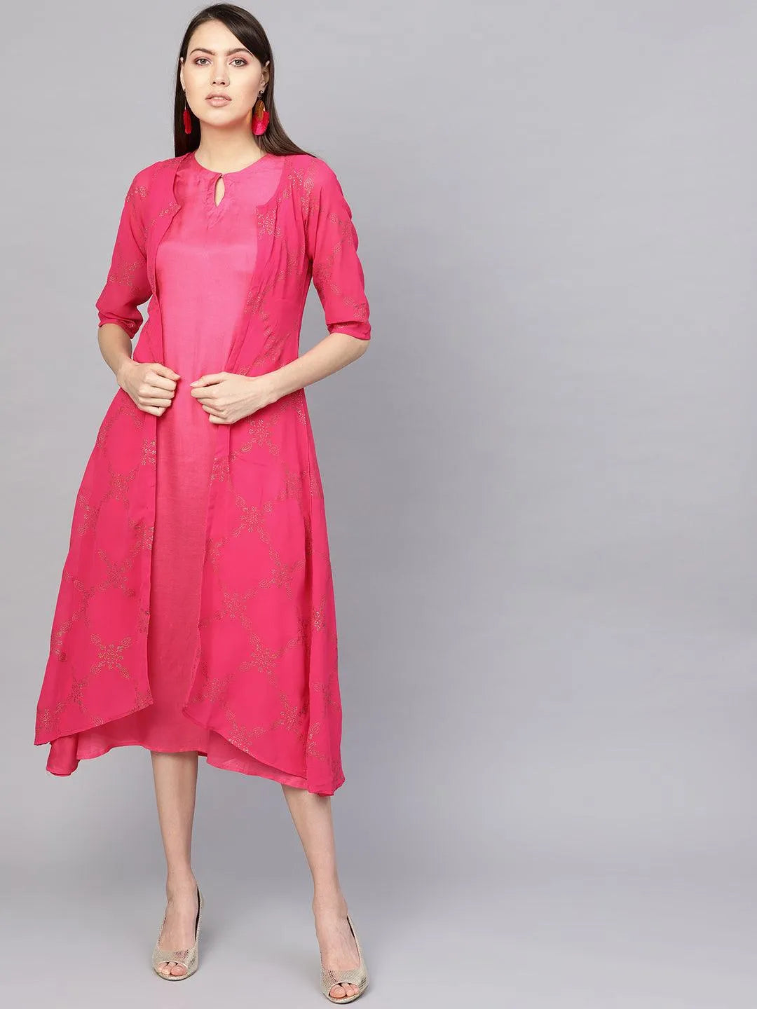 Pink Printed Polyester Dress With Jacket - Libas 