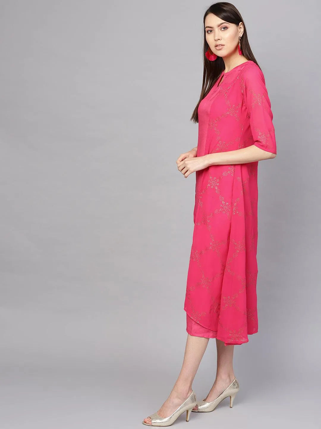 Pink Printed Polyester Dress With Jacket - Libas