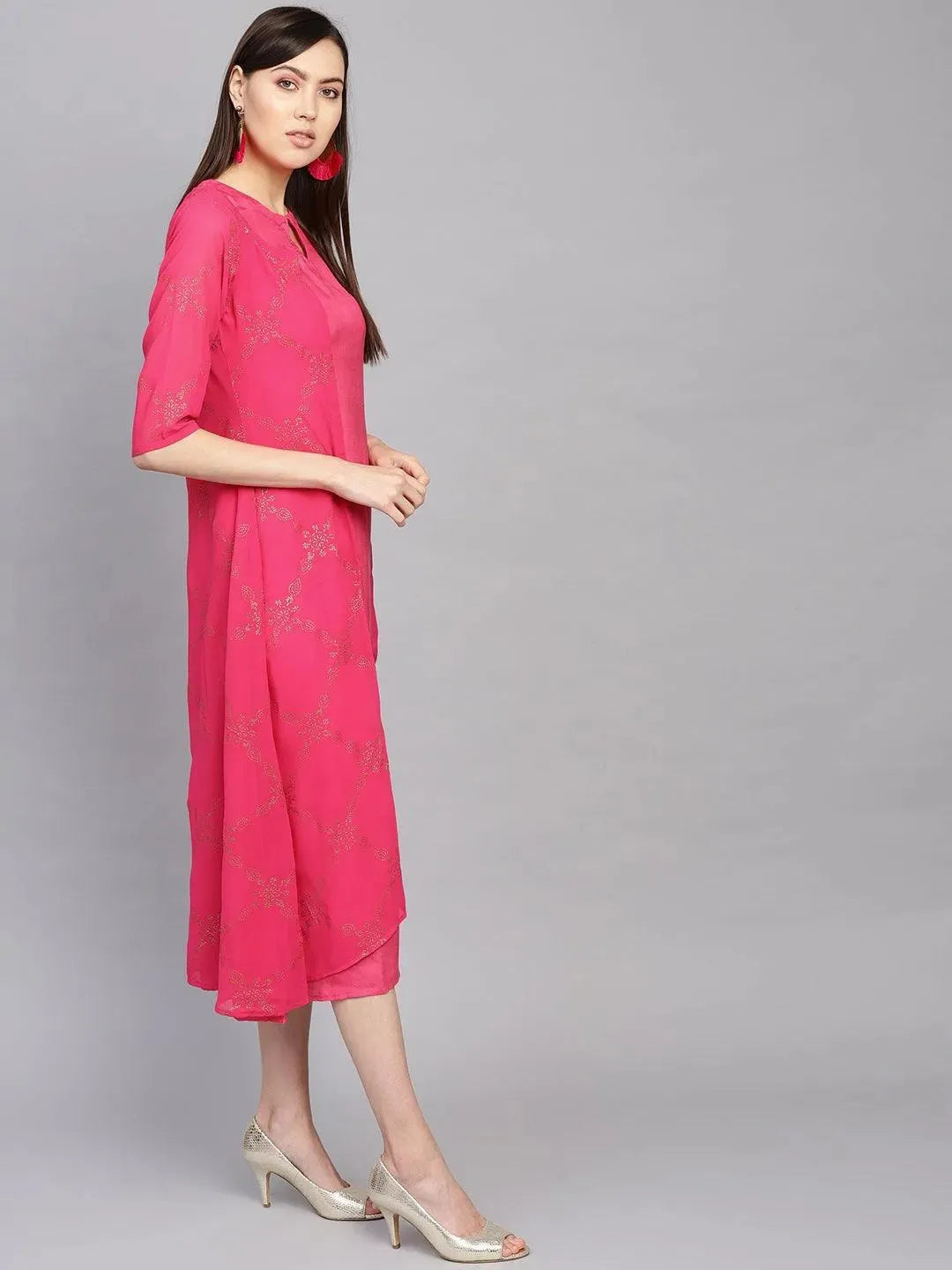 Pink Printed Polyester Dress With Jacket - Libas 