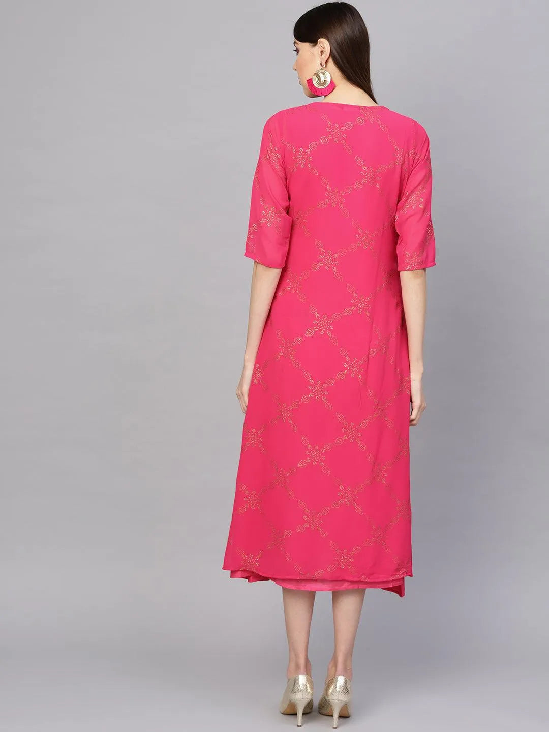 Pink Printed Polyester Dress With Jacket - Libas 