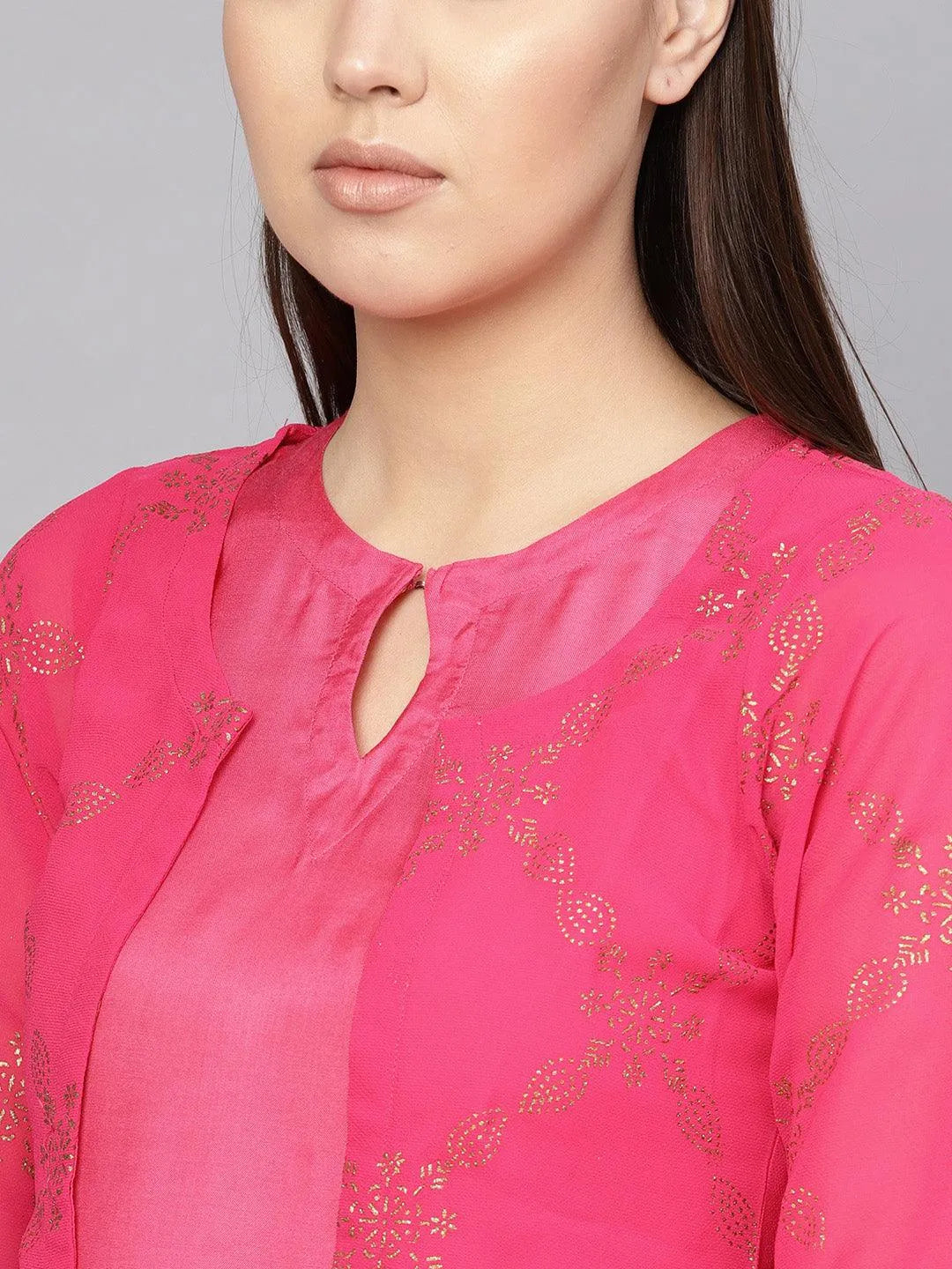 Pink Printed Polyester Dress With Jacket - Libas 