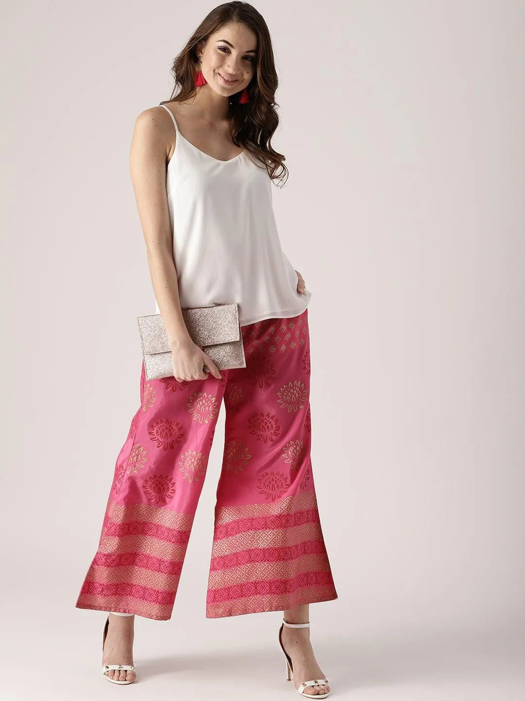 Pink Printed Polyester Palazzos - Libas