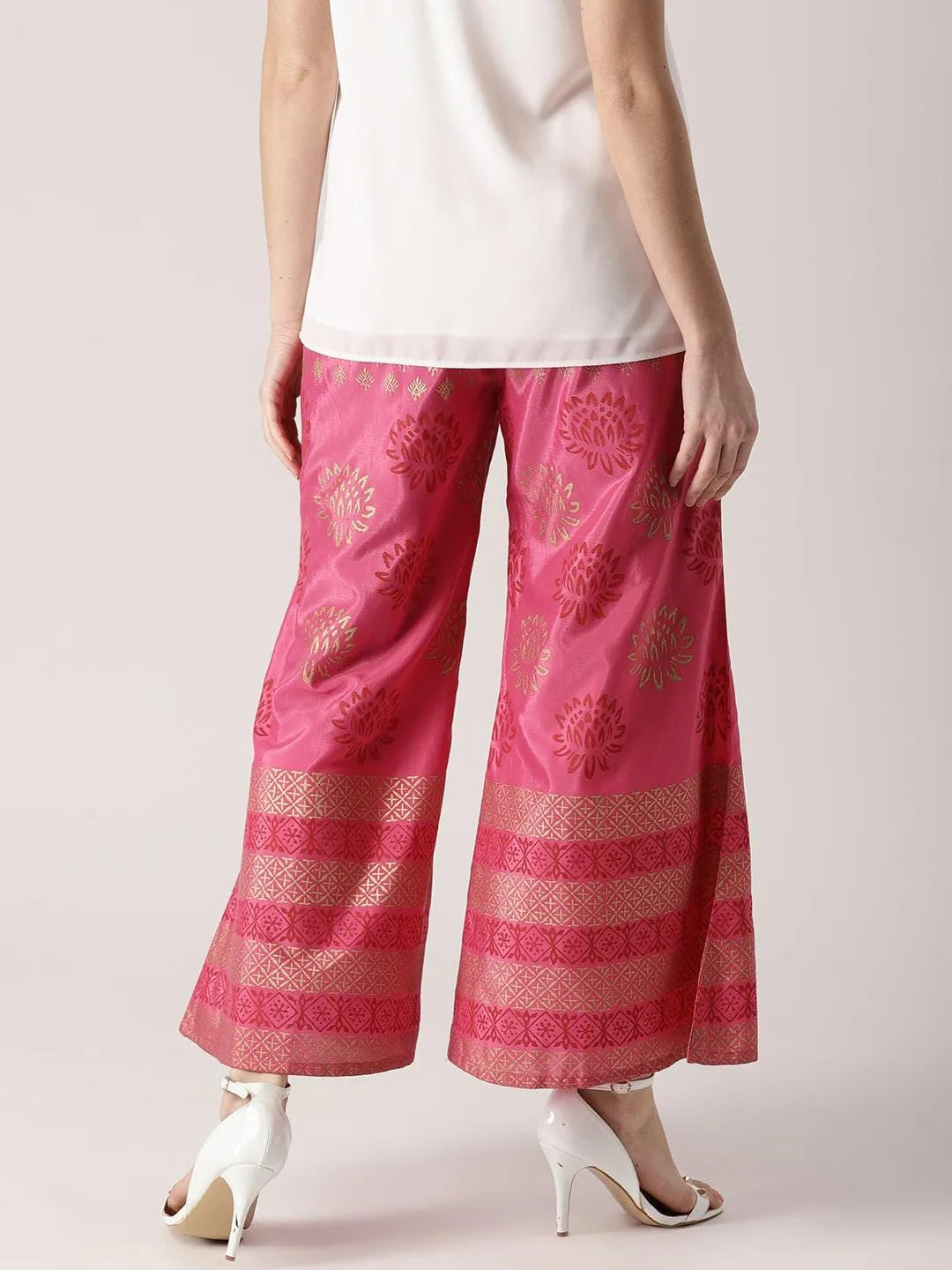 Pink Printed Polyester Palazzos - Libas