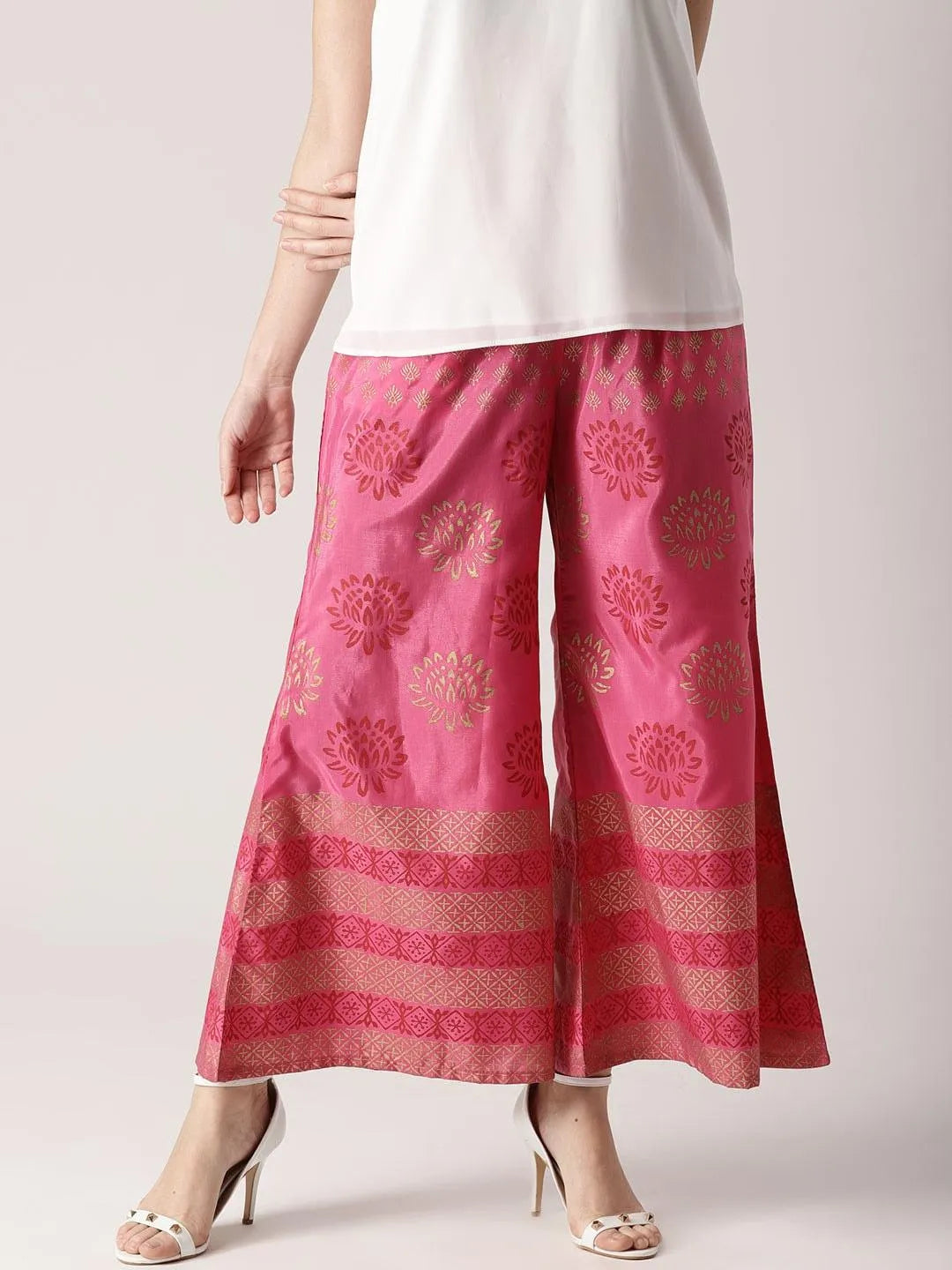 Pink Printed Polyester Palazzos - Libas