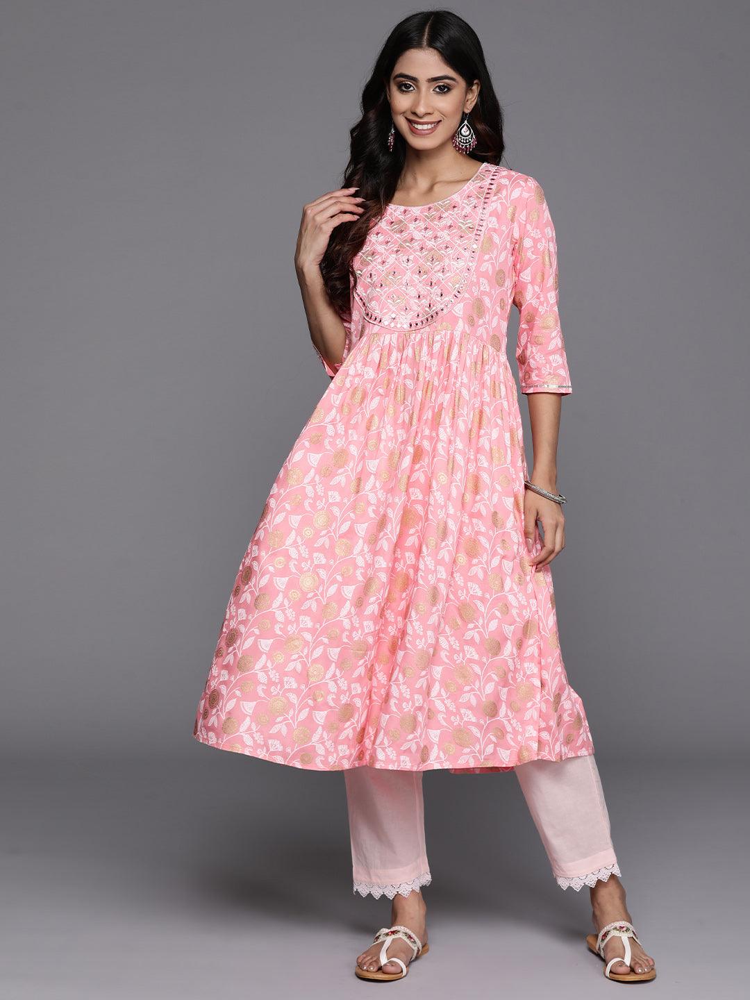 Pink Printed Rayon A-Line Kurta - Libas 