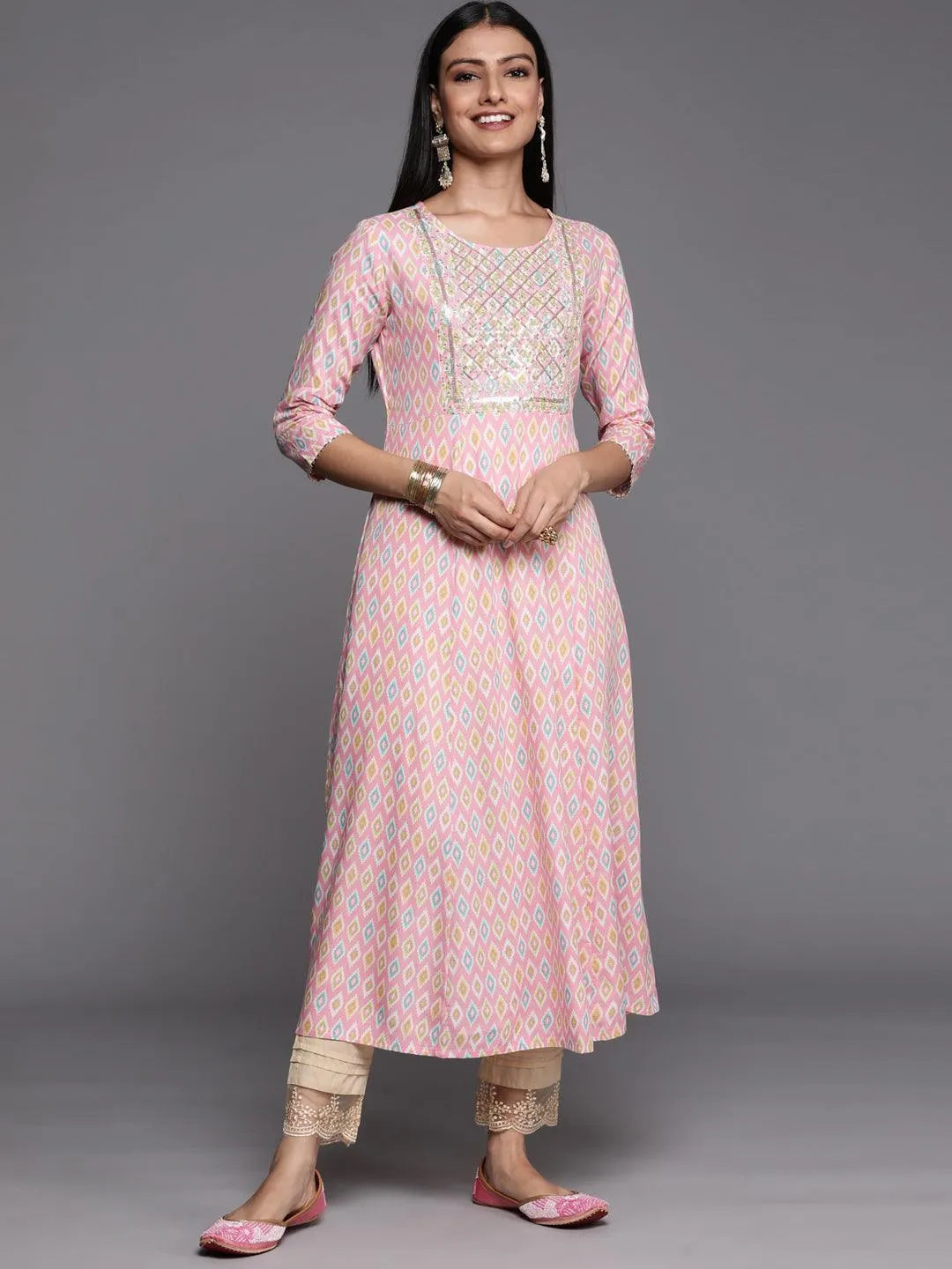 Pink Printed Rayon A-Line Kurta - Libas