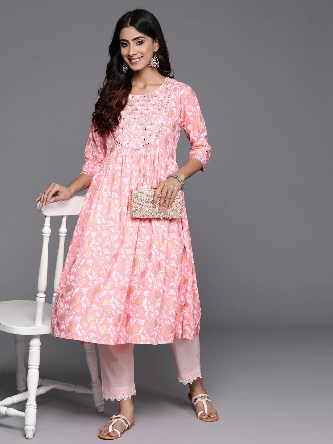 Pink Printed Rayon A-Line Kurta - Libas 