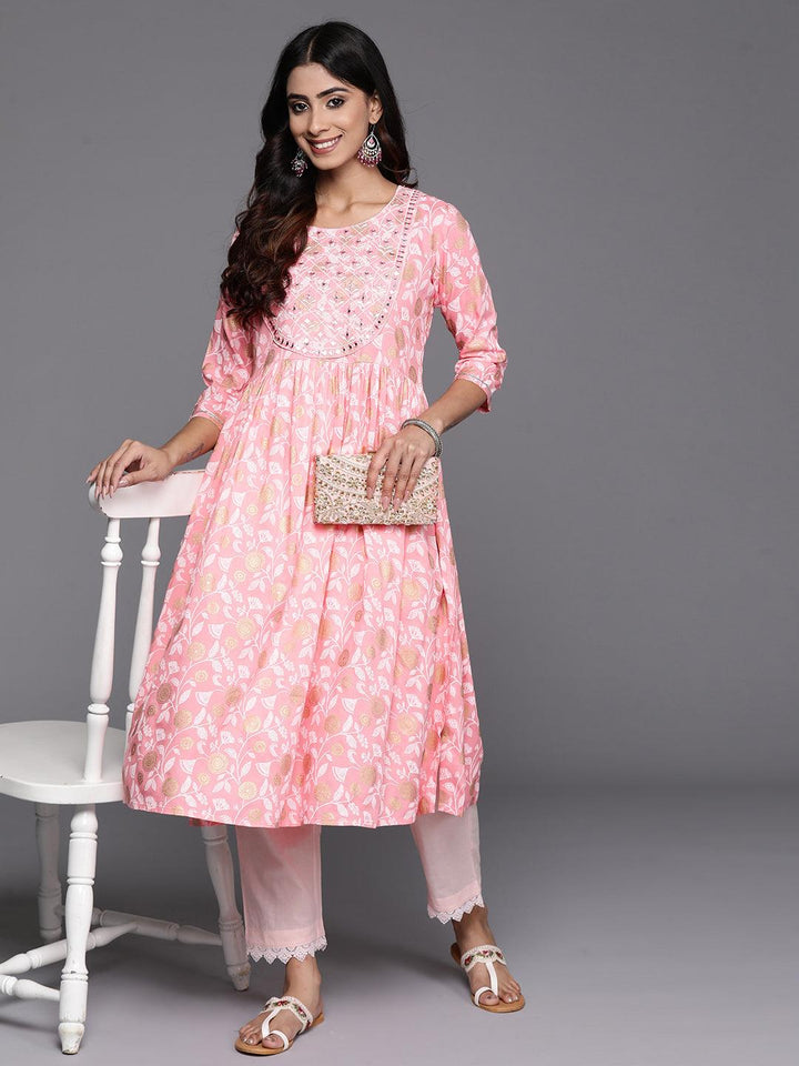 Pink Printed Rayon A-Line Kurta - Libas