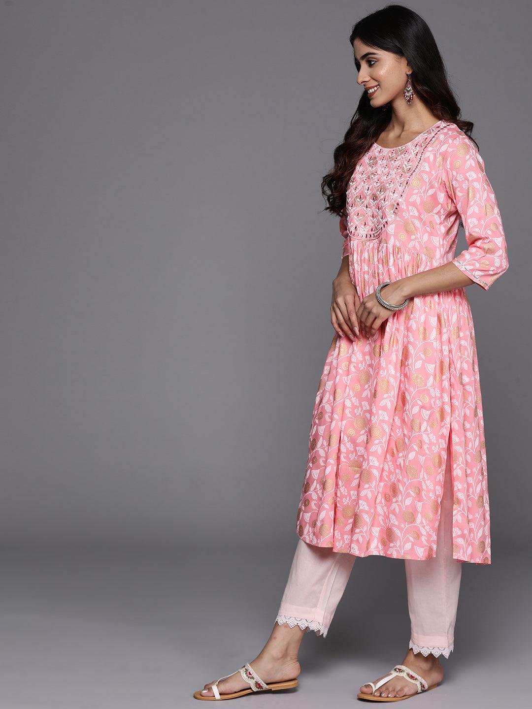 Pink Printed Rayon A-Line Kurta - Libas 