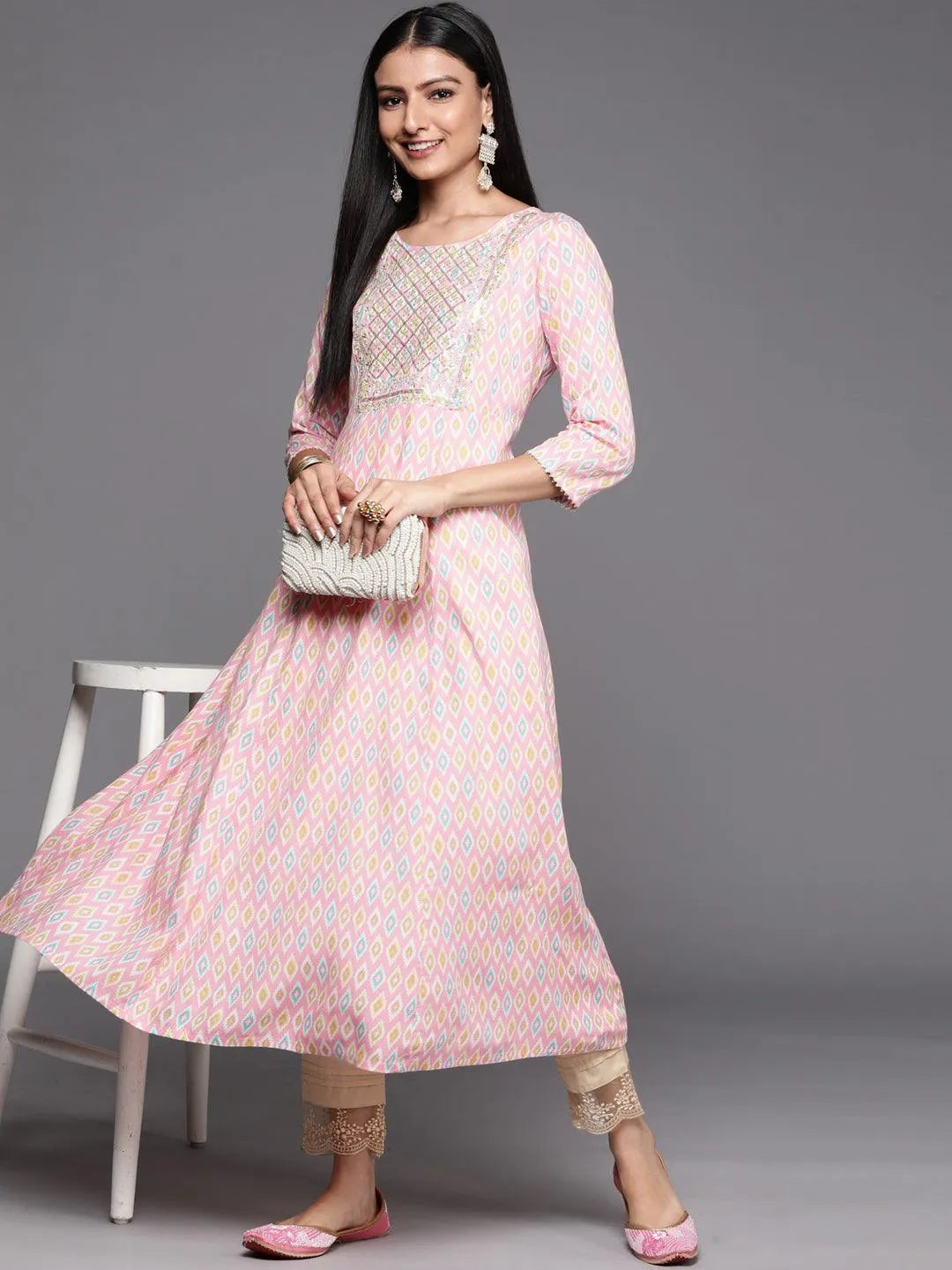 Pink Printed Rayon A-Line Kurta - Libas