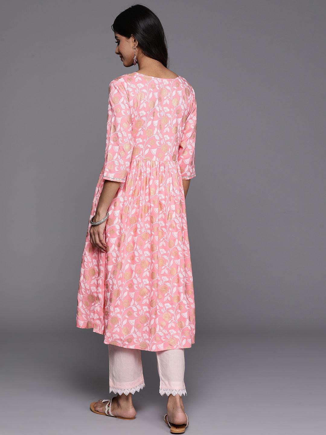 Pink Printed Rayon A-Line Kurta - Libas