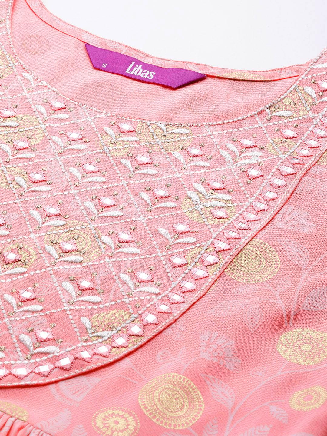 Pink Printed Rayon A-Line Kurta - Libas 