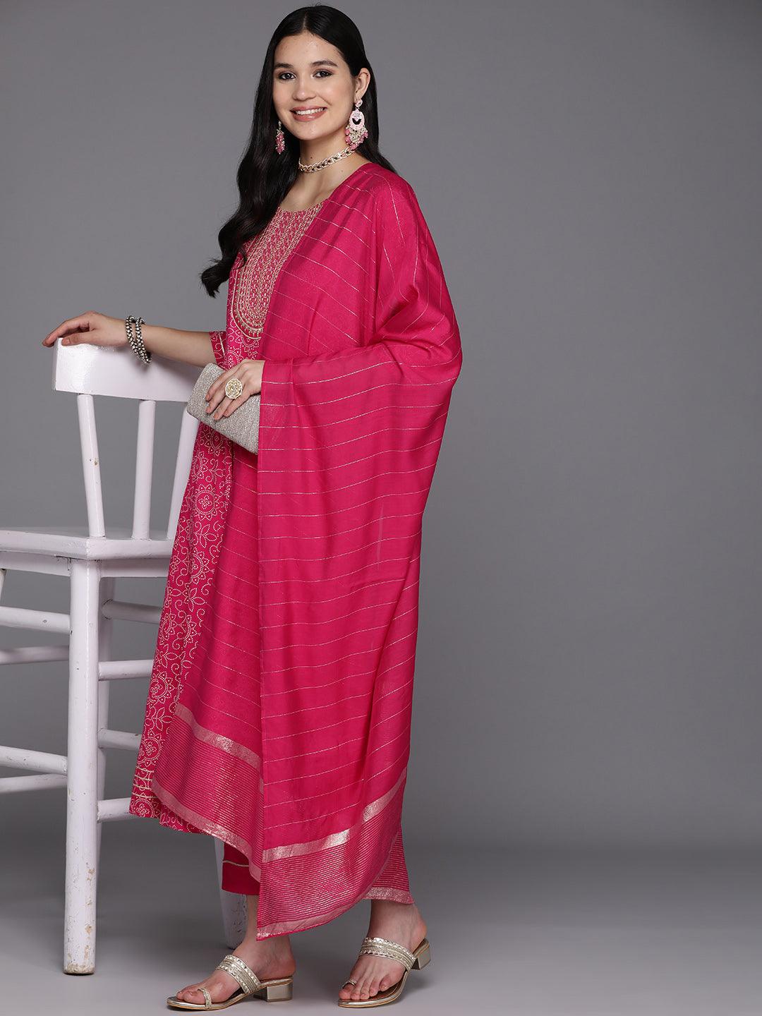 Pink Printed Rayon A-Line Kurta With Trousers & Dupatta - Libas