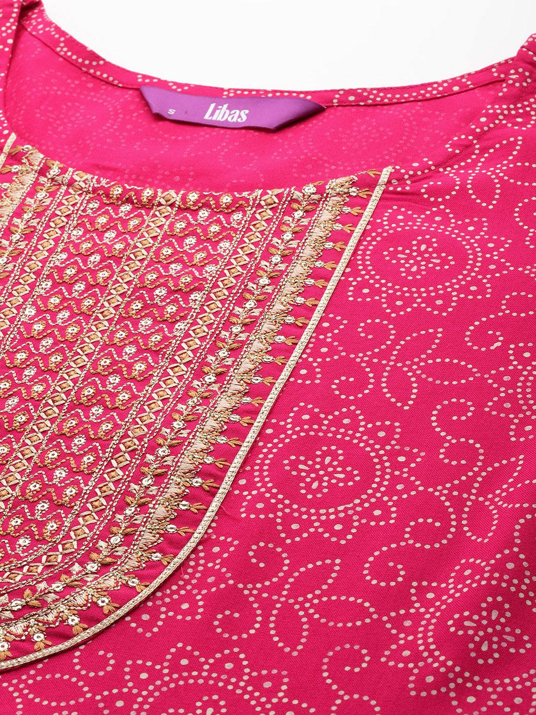 Pink Printed Rayon A-Line Kurta With Trousers & Dupatta - Libas