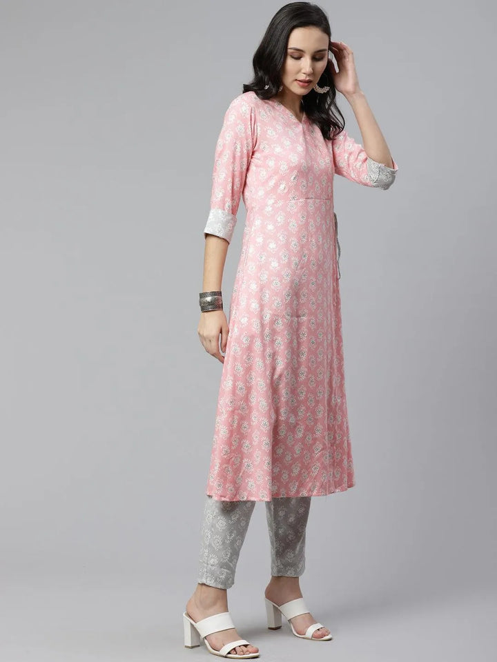 Pink Printed Rayon Kurta Set - Libas