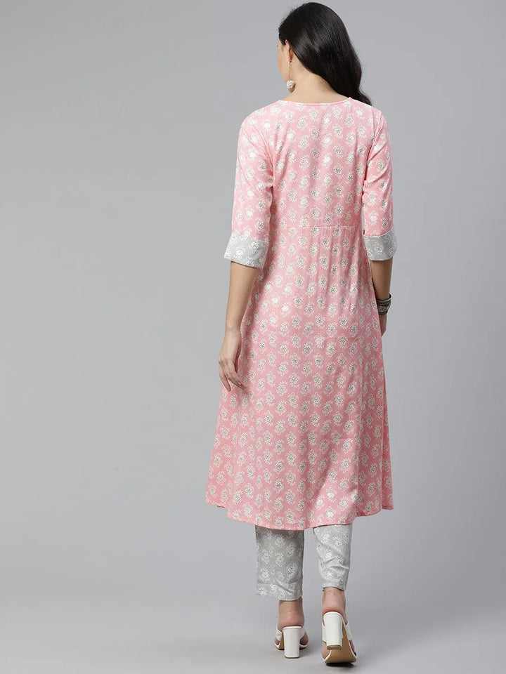 Pink Printed Rayon Kurta Set - Libas