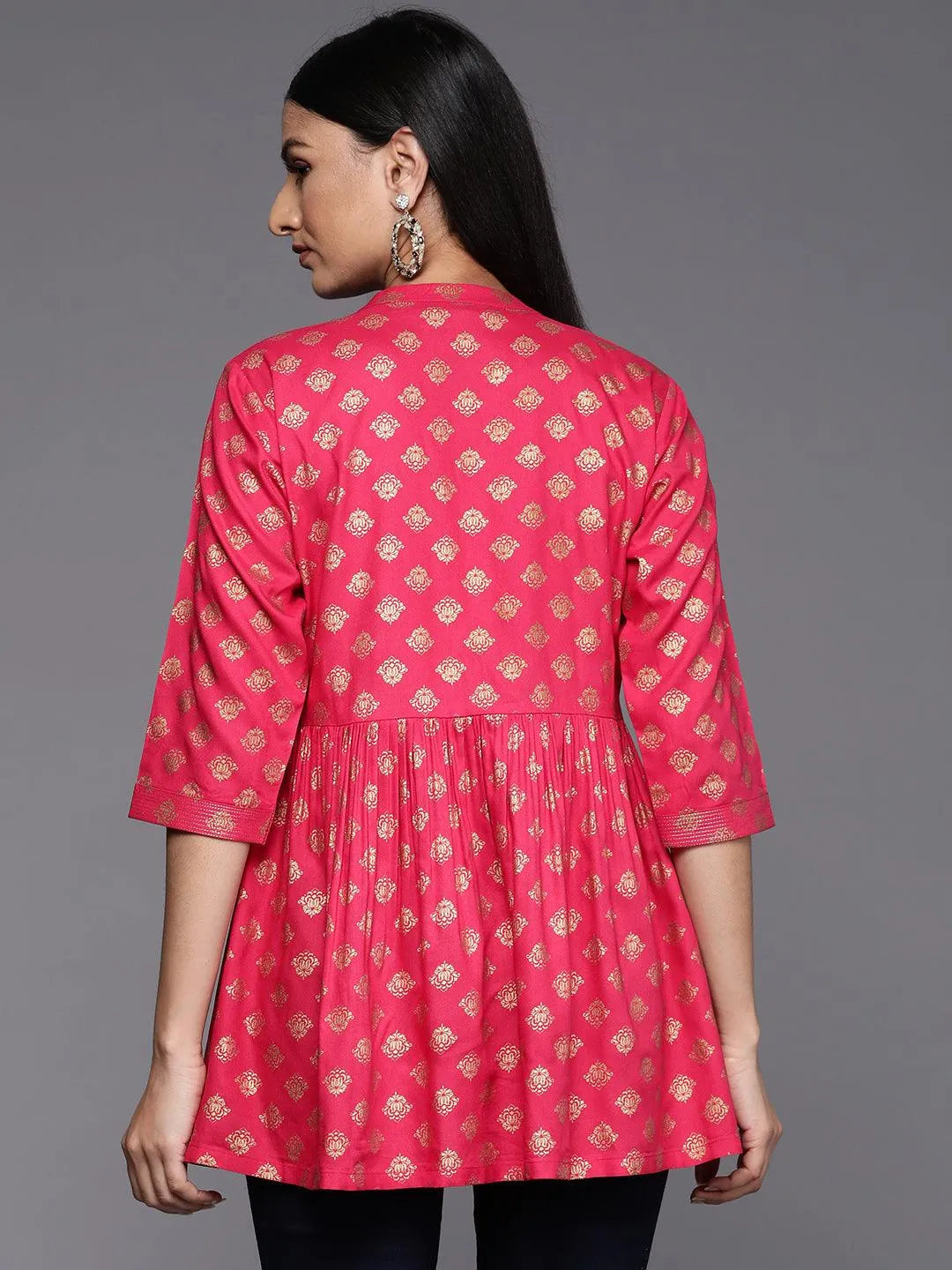 Pink Printed Rayon A-Line Kurti - Libas