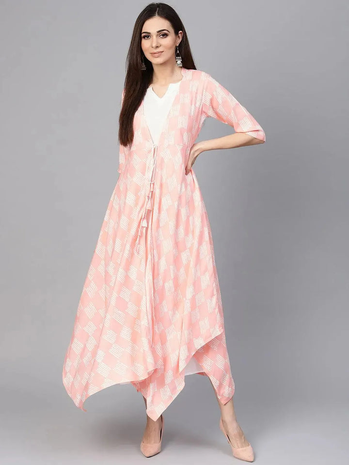 Pink Printed Rayon Dress With Jacket - Libas