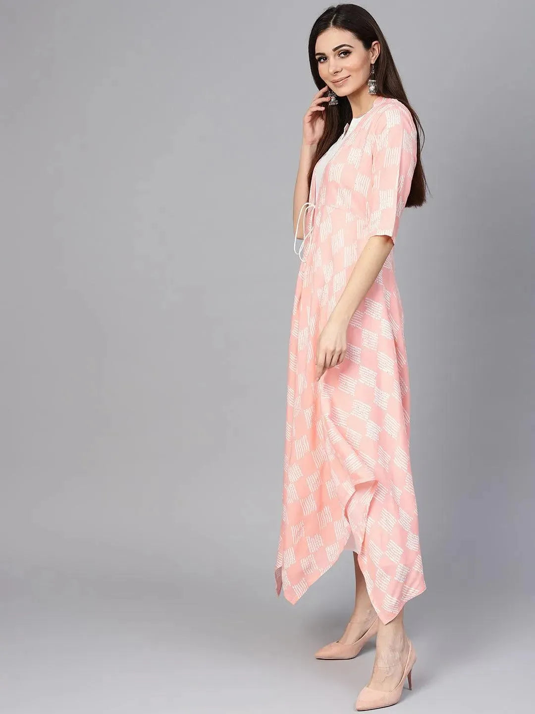 Pink Printed Rayon Dress With Jacket - Libas 